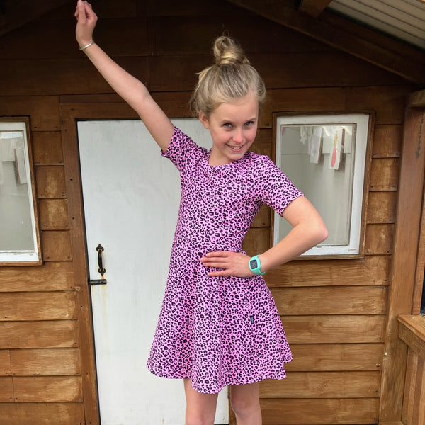 Twirl Dress Pink Leopard - Short Sleeve