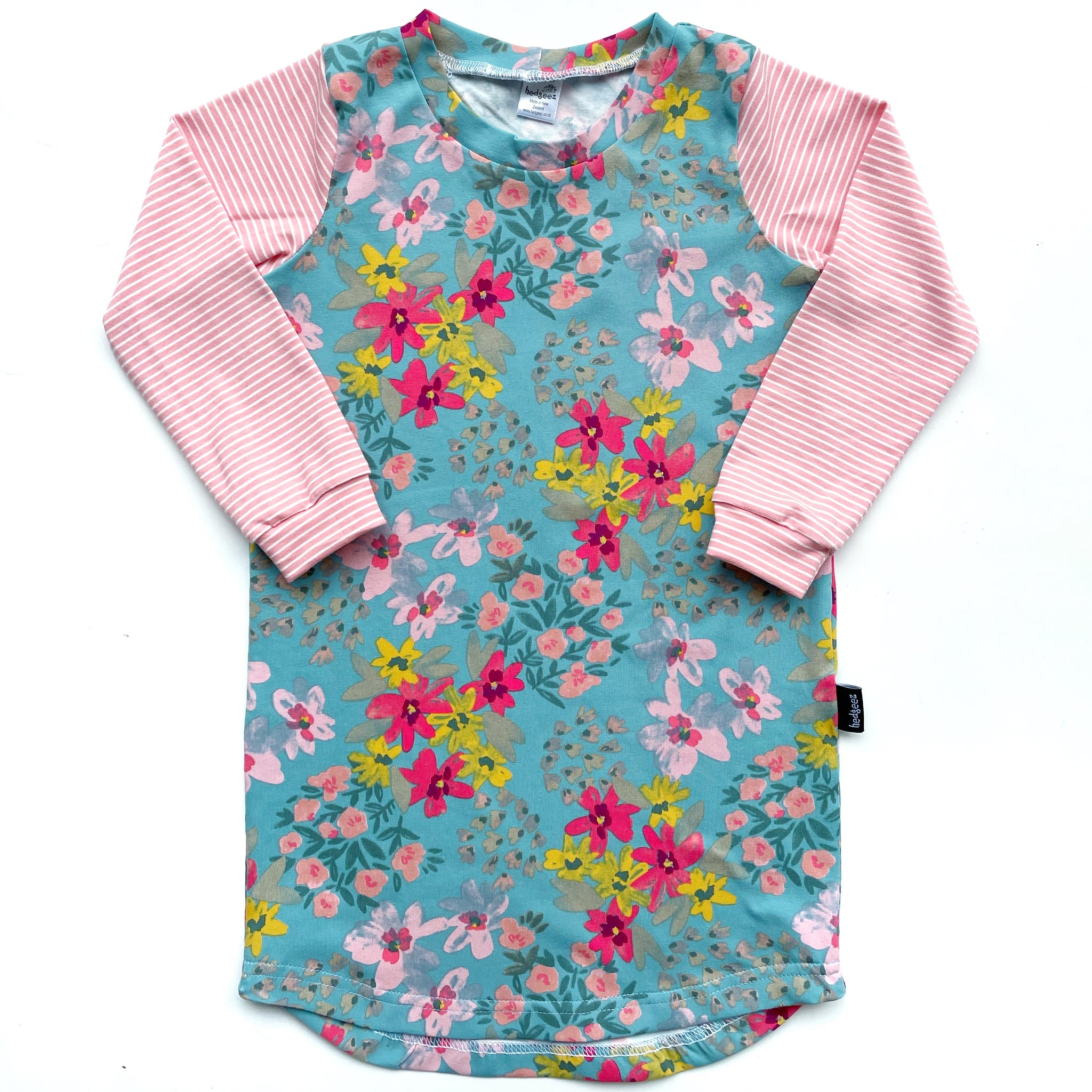 T-Shirt Dress - Aqua Floral - Long Sleeve