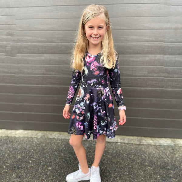 Twirl Dress Black Floral - Long/Short Sleeve - Size 3,4 and 5